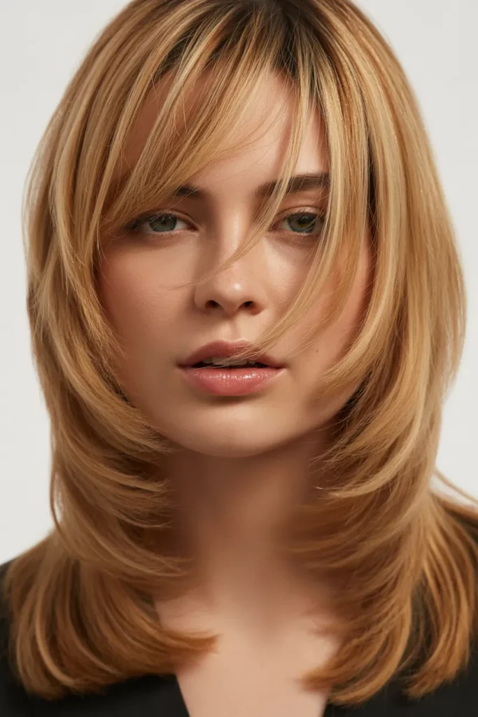 Long Layered Kitty Cut with Side Bangs