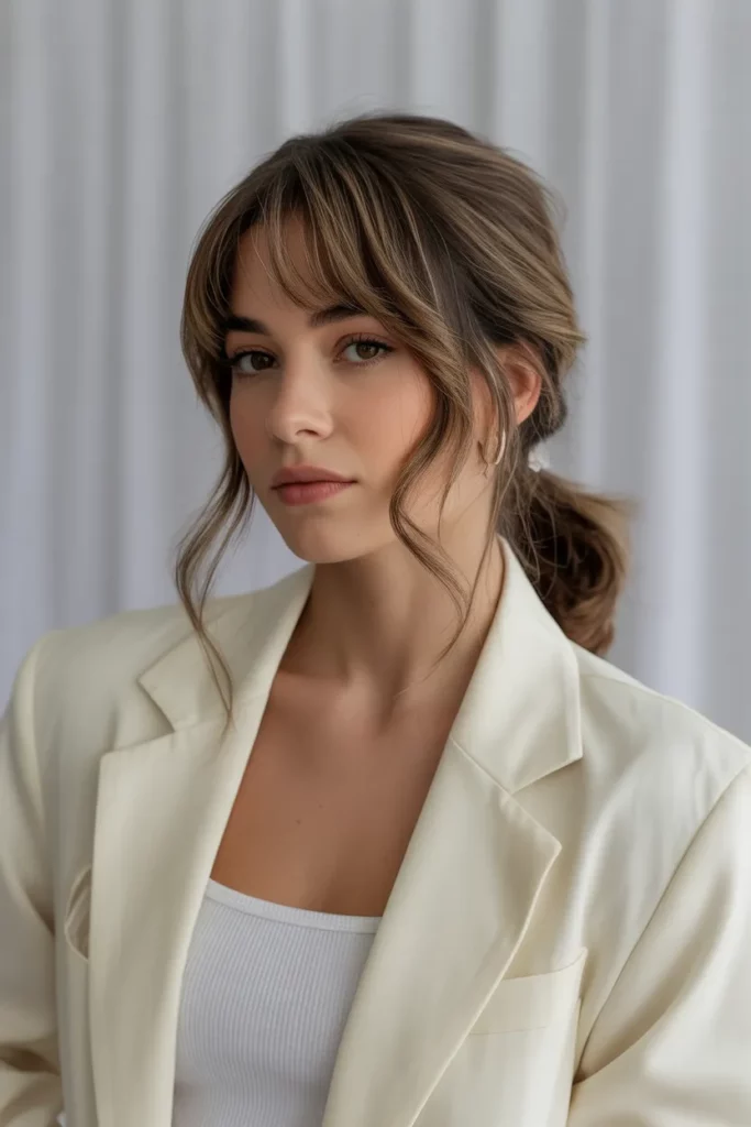 Loose Messy Ponytail with Curtain Bangs