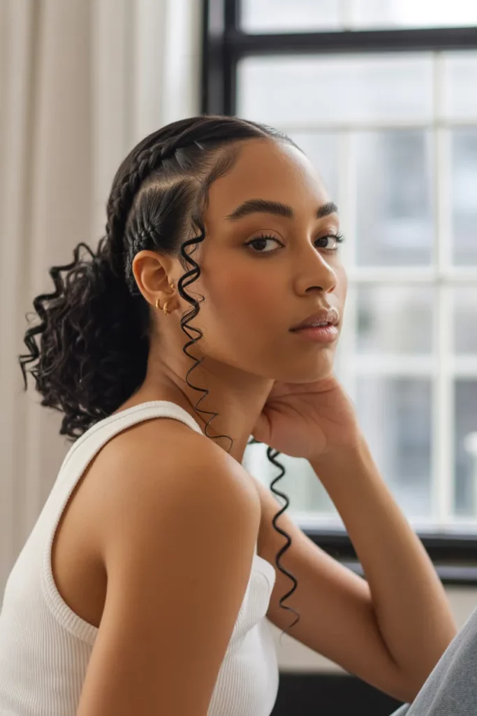 Low Curly Ponytail with Side Braid