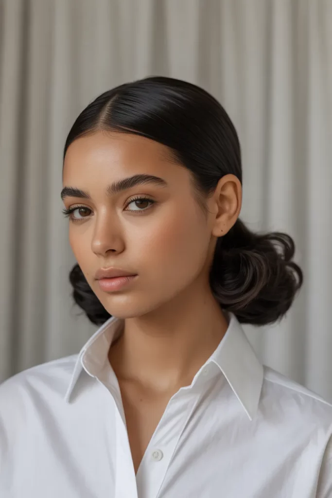 Low Sleek Messy Ponytail with Wavy Ends