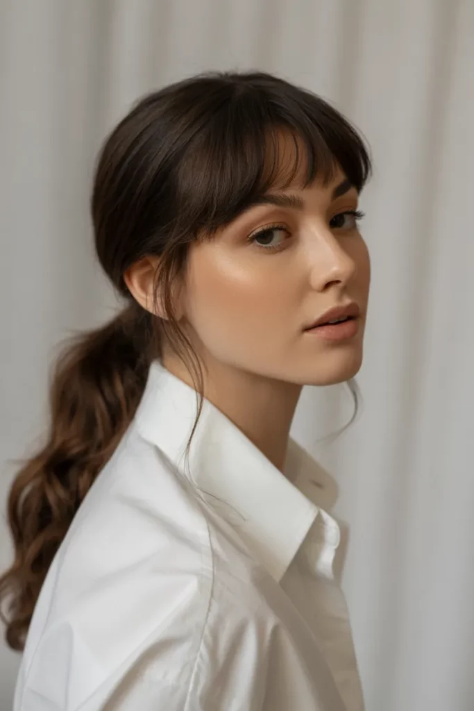 Romantic Low Messy Ponytail with Loose Bangs