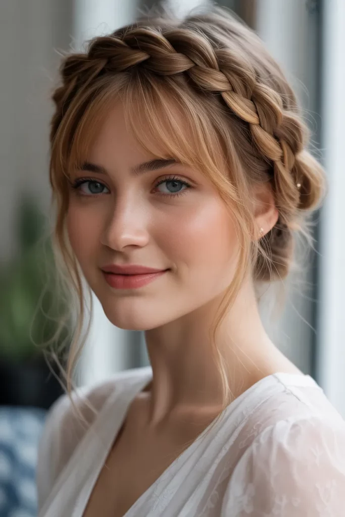 The Braided Crown with Curtain Bangs