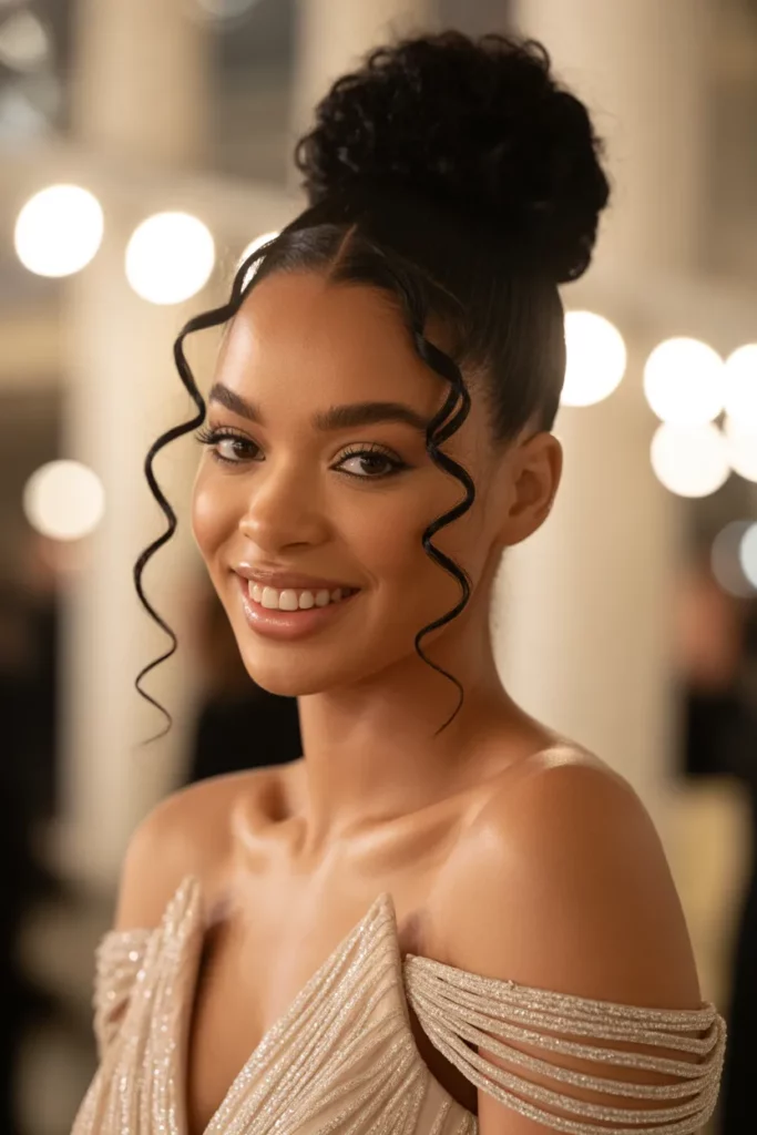 The Elegant High Bun with Curly Tendrils