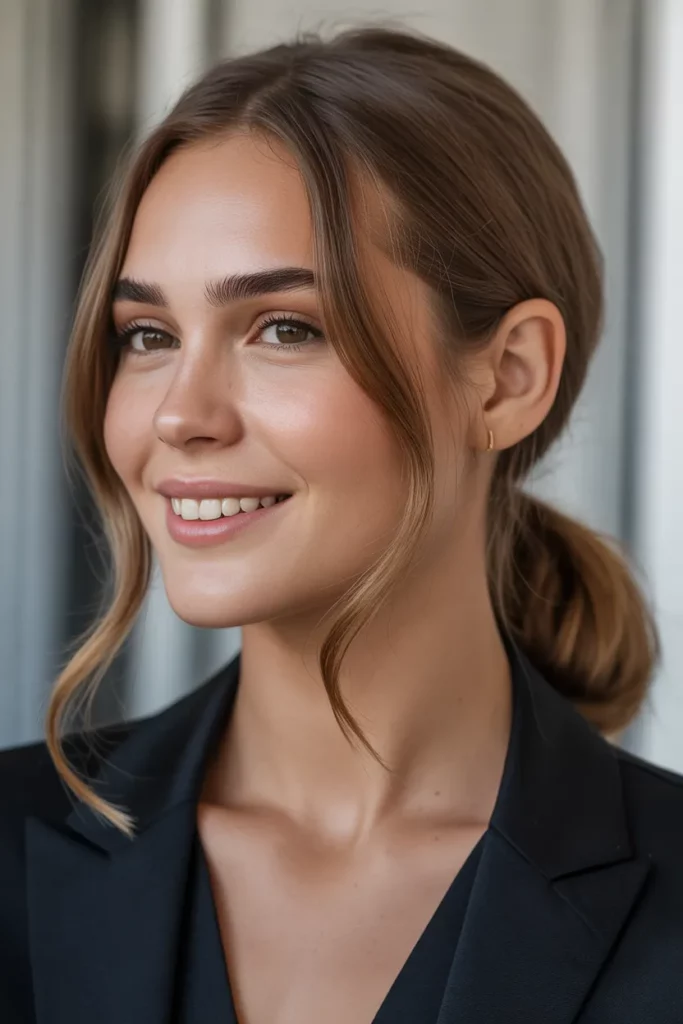 The Elegant Low Ponytail with Wispy Fringe