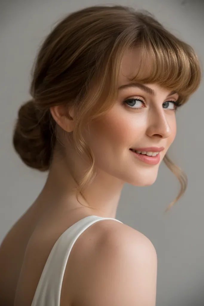 The Low Twisted Bun with Side-Swept Bangs