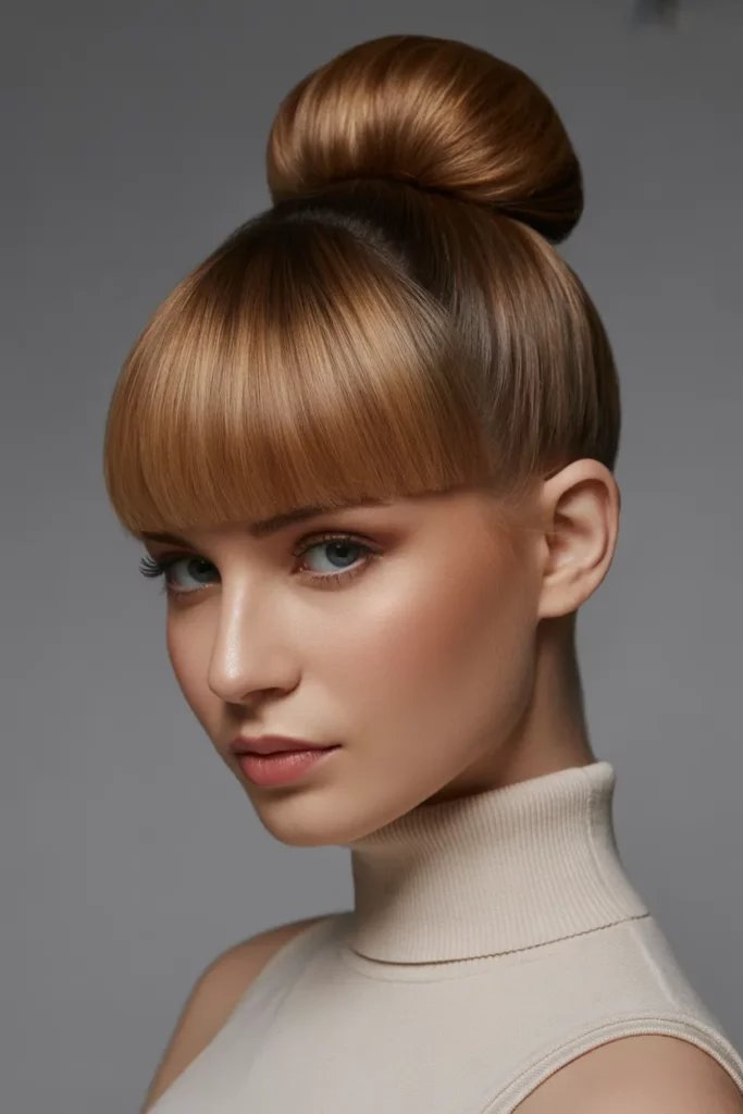The Sleek Ballerina Bun with Full Bangs