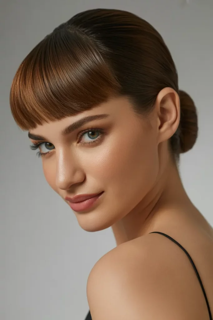 The Slicked-Back Bun with Curved Bangs
