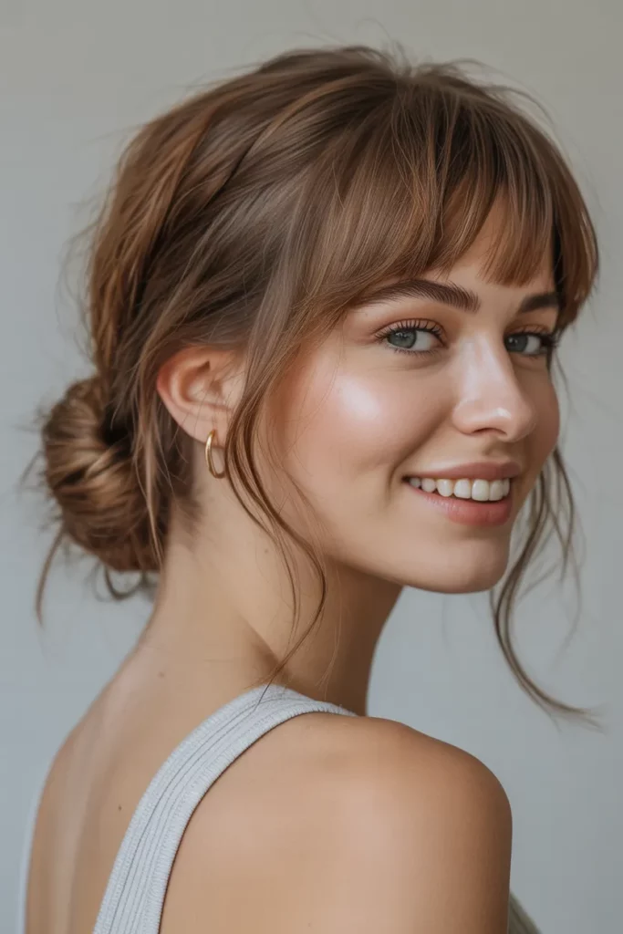 The Textured Low Bun with Piece-Y Bangs
